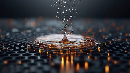 A mesmerizing close-up of a water droplet splashing against a reflective surface, creating beautiful ripples and shimmering light effects.の素材