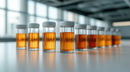 A collection of glass vials containing amber liquid arranged in a laboratory setting, illuminated by natural light, portraying a scientific atmosphere ideal for research.の素材