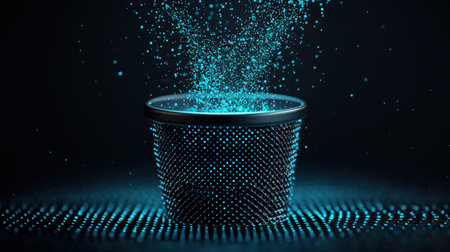 This captivating image features metallic bucket with water droplets emerging in a dark setting, creating a stunning visual effect. Perfect for creativity and design themes.の素材