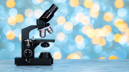 A detailed black microscope positioned on a surface, featuring a colorful bokeh background. Ideal for use in scientific research, education, and laboratory themes.の素材