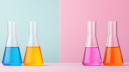 A vibrant arrangement of laboratory glassware showcasing colorful liquids in test tubes, set against a soft pastel background, perfect for scientific themes.の素材