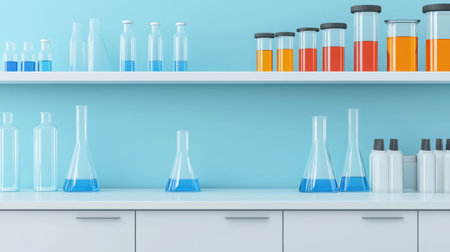 An organized laboratory scene featuring diverse glassware with colorful solutions on shelves. The clean setup highlights scientific exploration and innovation.の素材