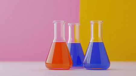 This image showcases a vibrant chemistry setup featuring colorful liquid solutions in glass flasks against a bright background, ideal for educational purposes.の素材