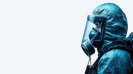 A solitary figure wearing a blue hazmat suit and a respirator gazes left, emphasizing safety in hazardous environments. The image captures a serious tone.の素材