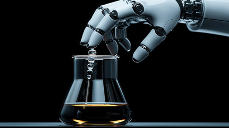A robotic hand skillfully pours liquid from a glass flask in an advanced laboratory, showcasing innovative technology and automation in scientific research.の素材