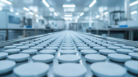 A modern pharmaceutical manufacturing facility showcasing a tablet production line with white tablets on a conveyor, emphasizing industrial automation and quality standards.の素材