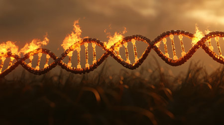 A stunning visual of a flame-shaped DNA helix glowing against a dark landscape, representing the fusion of science and artistry. Perfect for genetics and innovation themes.の素材