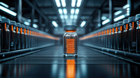 A clear glass vial filled with vibrant orange liquid stands prominently in a modern laboratory setting, highlighting advanced production methods in a sterile environment.の素材