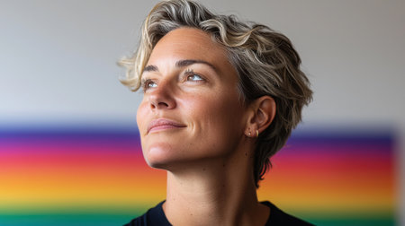 A confident woman with short hair gazes upward, embodying positivity and inspiration. The colorful background enhances her serene expression, capturing a moment of reflection and creativity.の素材