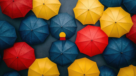 A vibrant overhead view of colorful umbrellas in red, yellow, and blue arranged on a surface, creating a cheerful and artistic atmosphere perfect for representing a rainy day.の素材