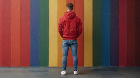 A young man stands alone with his back to the camera, wearing a red hoodie and blue jeans, in front of a vibrant, striped wall.の素材