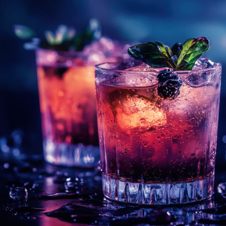 This visually striking image showcases a refreshing berry cocktail served in a glass filled with ice and garnished with mint leaves. Perfect for summer parties!の素材