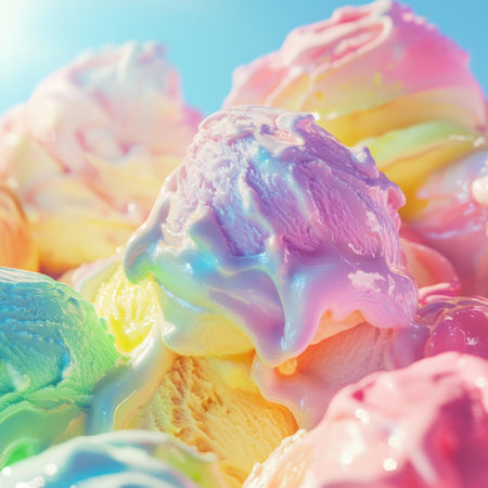Delight in the beauty of colorful soft ice cream scoops melting under a brilliant sunny sky, evoking joy and sweetness in every bite. Perfect for summer treats!の素材