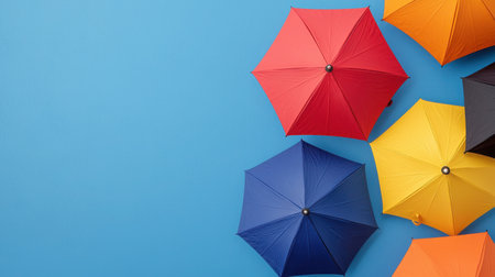 A vibrant arrangement of colorful umbrellas against a blue background, perfect for summer-themed projects or bright, playful designs.の素材