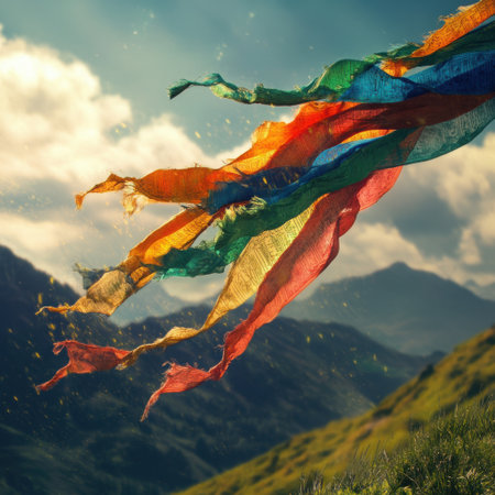 Colorful prayer flags dance in a gentle breeze, set against majestic mountains and a picturesque landscape, highlighting natureの素材
