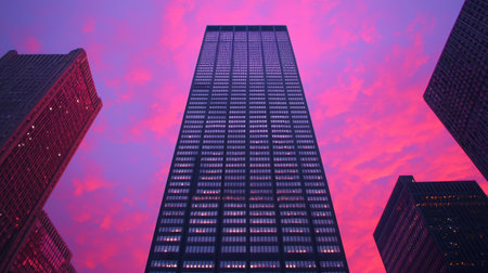 A striking tall skyscraper stands against a vibrant pink and purple sunset sky. The reflective glass windows capture the stunning colors, creating a dramatic urban scene.の素材