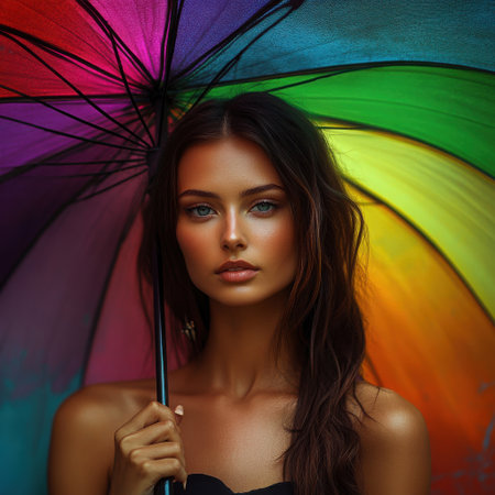A captivating portrait of a young woman holding a colorful umbrella, exuding confidence and joy under a bright blue sky, radiating beauty and vibrancy.の素材