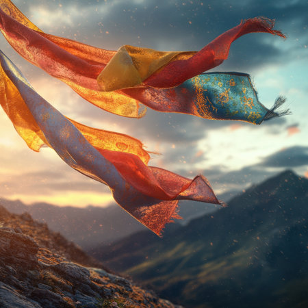 Captivating scene of colorful flags fluttering in the wind, set against a breathtaking mountain landscape during sunset, symbolizing freedom and beauty.の素材