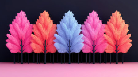 This visually striking image showcases a collection of colorful trees in pink and blue hues arranged artistically against a dark background, perfect for creative projects.の素材