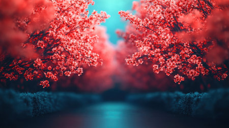 Explore a tranquil pathway adorned with vibrant cherry blossoms, showcasing the beauty of spring. This captivating scene invites serenity and reflection amidst nature's vivid colors.の素材