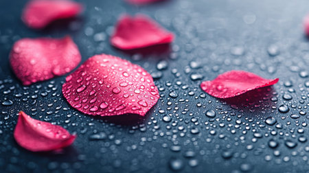 This exquisite close-up image features pink rose petals adorned with glistening water droplets on a dark surface, embodying beauty and freshness.の素材