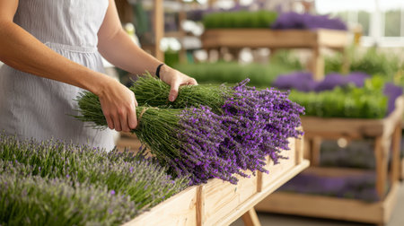 A woman carefully arranges fresh lavender bouquets in a lively market stall, showcasing nature's beauty and vibrant colors, perfect for flower enthusiasts.の素材