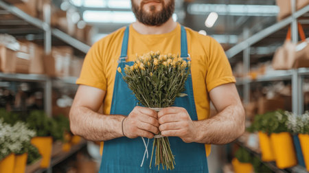 A man stands proudly with a fresh bouquet of yellow flowers in a flower shop, surrounded by a vibrant stock. The workspace radiates a sense of passion and care for floristry.の素材