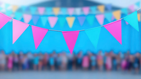 Colorful bunting flags create a festive atmosphere at an outdoor event, with a blurred crowd enjoying the celebration in the background.の素材