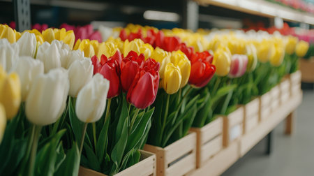 Fresh tulips in vibrant colors create a lovely display in a flower shop, showcasing nature's beauty and inviting spring vibes, perfect for floral enthusiasts.の素材