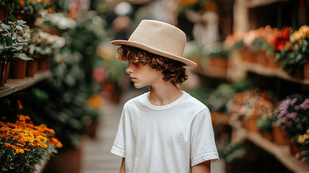 A young boy with curly hair and a straw hat stands in a vibrant flower shop, immersed in the beauty and colors of blooming plants and flowers.の素材