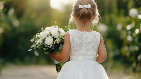 A charming scene of a little girl in a white dress holding a bouquet, standing in a tranquil garden. This delightful moment captures innocence and beauty, ideal for wedding or celebration themes.の素材