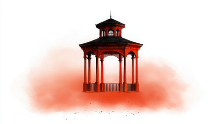 This stunning image features an elegant red gazebo set against a soft watercolor splash on a clean white background, perfect for artistic designs.の素材