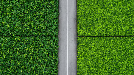 Aerial view showcasing a divided roadway bordered by vibrant green foliage, creating a serene and tranquil natural landscape perfect for outdoor themes.の素材