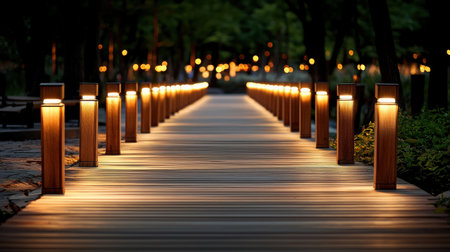 A beautifully illuminated wooden pathway surrounded by nature at dusk, creating a tranquil atmosphere perfect for evening strolls.の素材