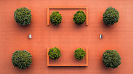 Discover the serene beauty of an aerial view showcasing vibrant green shrubs set on an orange tiled surface, perfect for modern landscape design inspiration.の素材