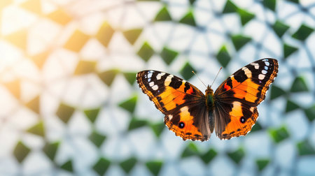 A stunning butterfly displaying bright orange wings gracefully hovers against a geometric background, showcasing nature's beauty in vibrant detail.の素材
