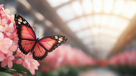 A stunning close-up of a vibrant butterfly resting on pink flowers, captured in a serene garden setting. The warm sunlight enhances the colors and details.の素材
