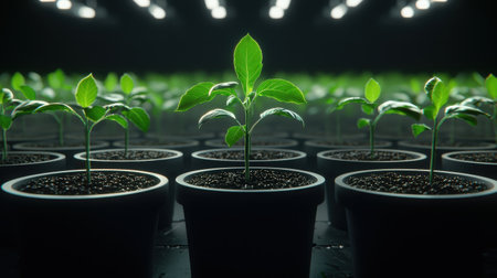 A captivating image of fresh green seedlings thriving in black pots under bright artificial lights in a modern greenhouse, showcasing the beauty of plant growth and sustainable agriculture.の素材