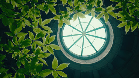 An artistic view of lush green leaves surrounding a circular skylight, creating a serene atmosphere. Ideal for projects focusing on nature and architecture.の素材