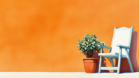 This image captures a serene setting featuring a blue chair beside a lush green plant in a terracotta pot against a vibrant orange wall. Perfect for home decor inspiration!の素材