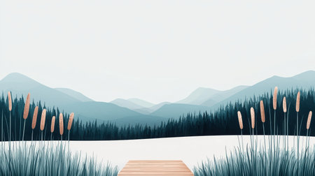 This serene landscape features a wooden dock surrounded by soft grasses, with gentle mountains in the distance, creating a tranquil outdoor setting perfect for relaxation and inspiration.の素材