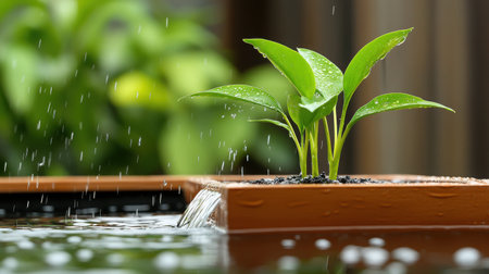 A serene arrangement of fresh green leaves in water with raindrops, showcasing a peaceful atmosphere perfect for home decor and nature lovers.の素材