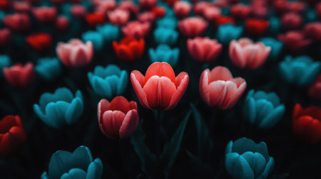 A stunning view of vibrant tulips in red and blue hues creates a mesmerizing spring landscape. The flowers contrast beautifully, evoking a sense of peace and serenity.の素材