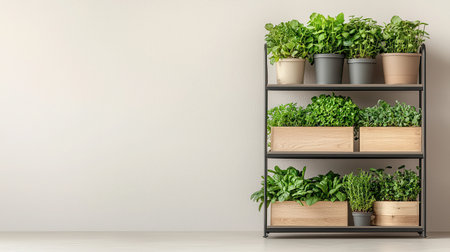 This image showcases a stylish shelving unit filled with fresh indoor plants in decorative pots, creating a vibrant and calming atmosphere in a modern home interior.の素材