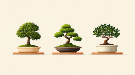 This image showcases a stunning collection of visually appealing bonsai trees in distinctive pots, radiating tranquility and elegance, perfect for nature lovers.の素材