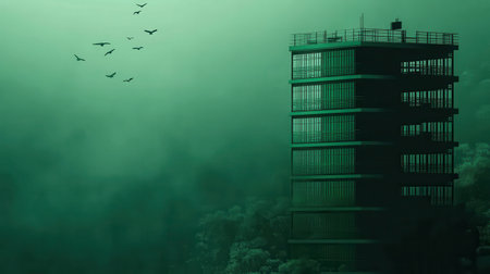 A hauntingly beautiful abandoned building emerges from dense fog, framed by flying birds, creating a mysterious and surreal atmosphere that captivates the viewer.の素材