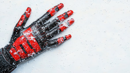 A close-up view of a futuristic robotic hand featuring bold red accents, resting on a snowy background, showcasing technology and innovation in a winter environment.の素材