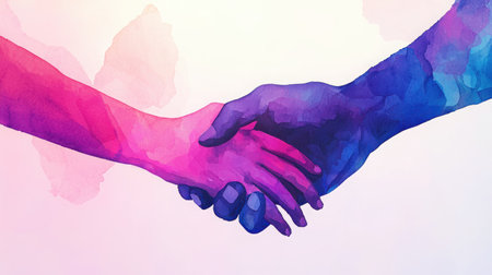 This vibrant abstract artwork captures a moment of connection through a handshake, symbolizing unity and collaboration. The colorful design enhances feelings of trust and agreement.の素材