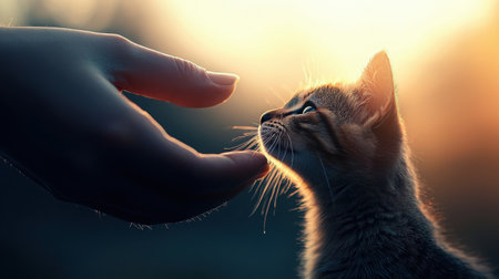 A close-up of a gentle hand reaching towards a curious kitten at sunset, showcasing a serene moment filled with warmth and connection, highlighting the beauty of nature.の素材