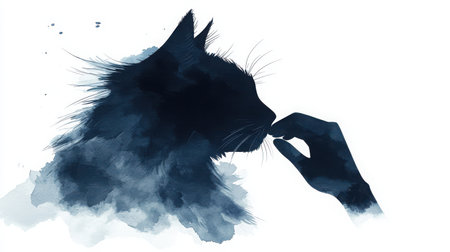 Artistic depiction of a blue silhouette of a cat gently interacting with a human hand, emphasizing connection and emotion through watercolor techniques.の素材